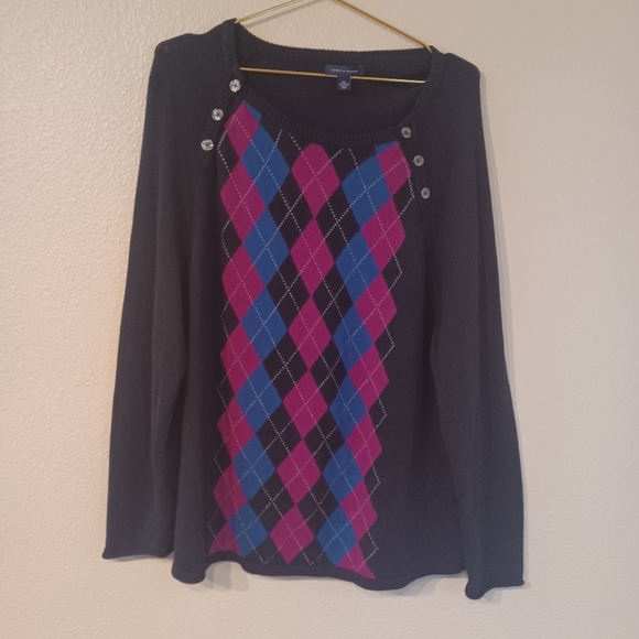 Vtg Tommy Hilfiger Women 2XL Black Knit Argyle Crewneck Sweater Side Button Up - Picture 5 of 10